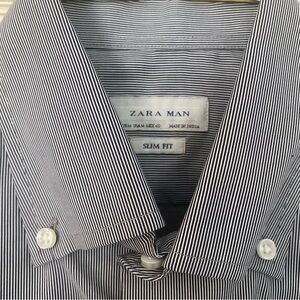 Zara Shirt Button Down Slim Fit Dark Blue and White Striped Size M